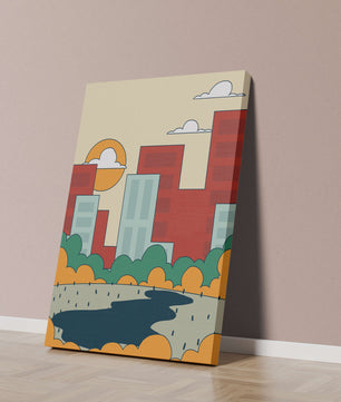 Cityscape At Sunset With Park And Lake