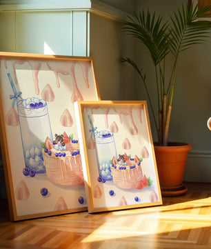 Escena de postre caprichosa con pastel y bebida con acentos juguetones