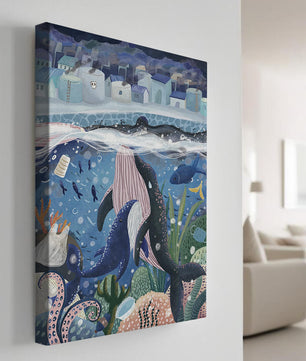 Ville sous-marine fantaisiste avec vie marine et pollution