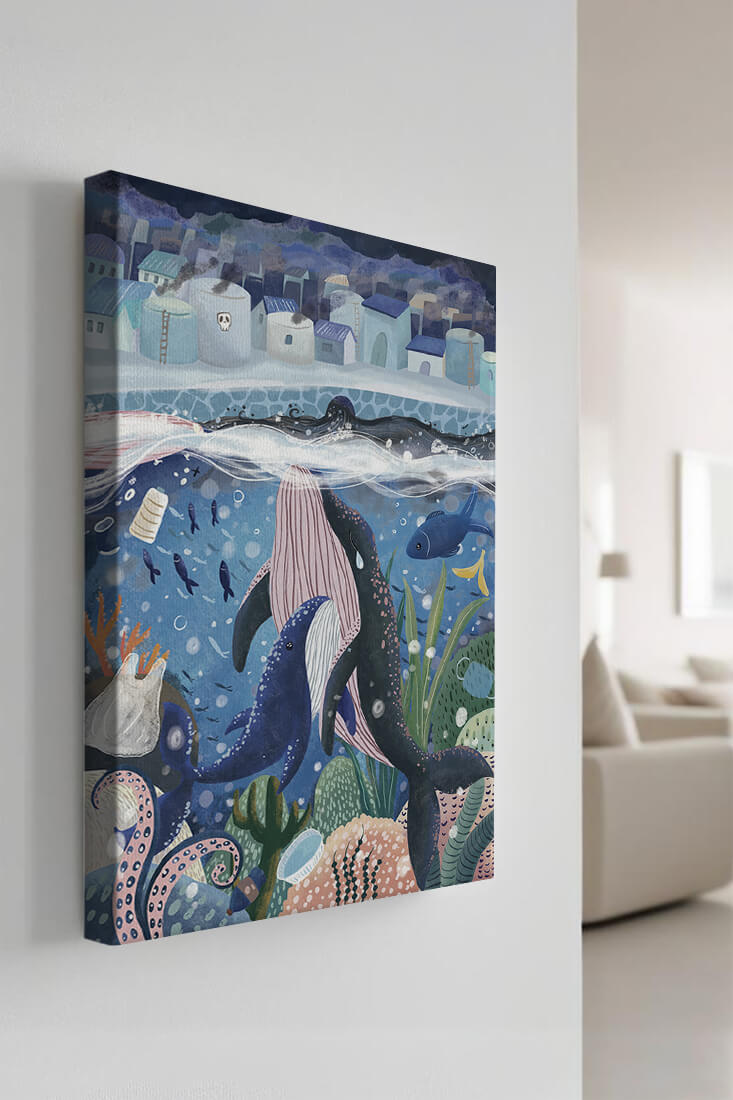 Whimsical Underwater City with Marine Life and Pollution