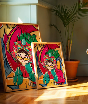 Vibrant illustration featuring a character in traditional costume with dragon elements
