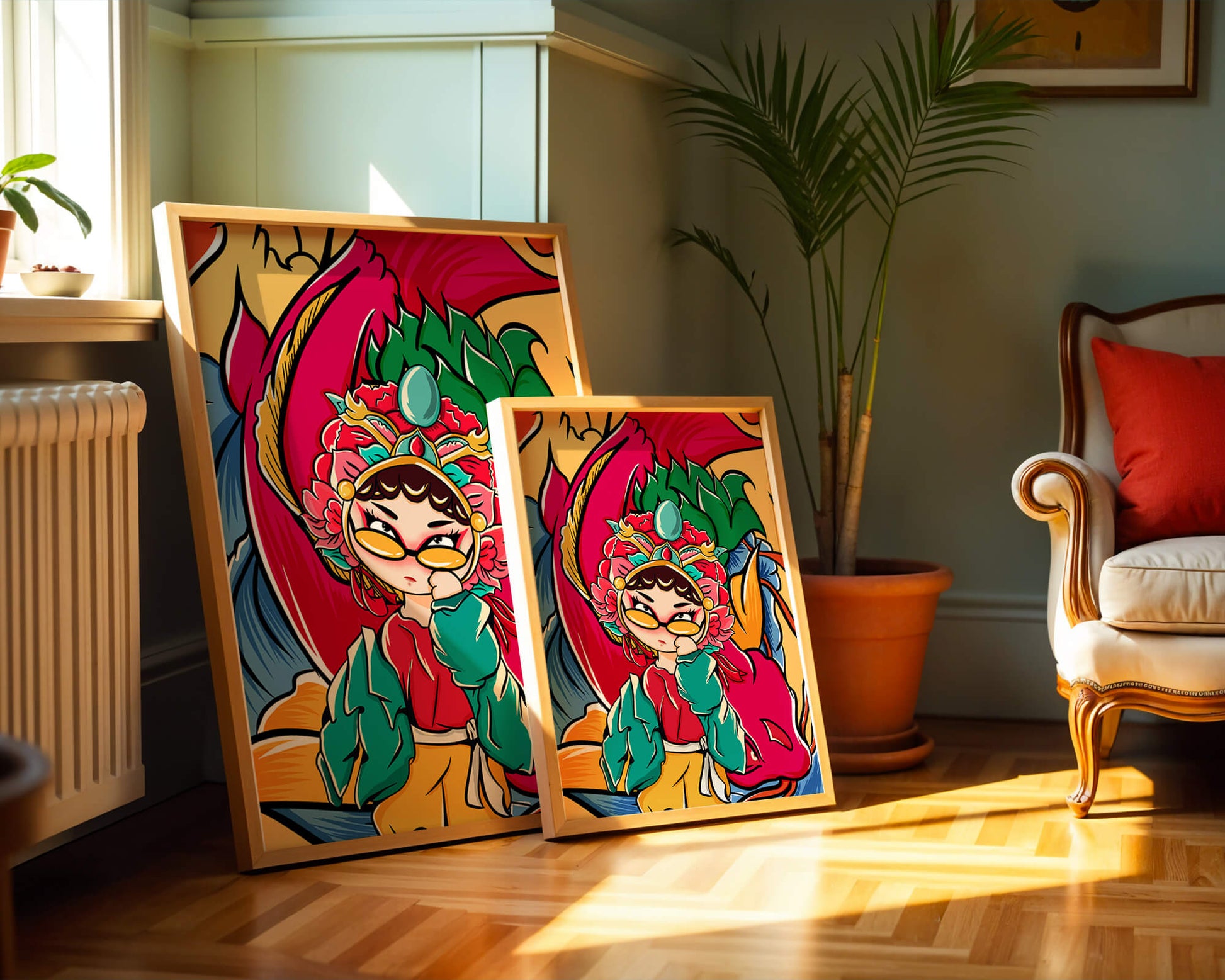 Vibrant illustration featuring a character in traditional costume with dragon elements