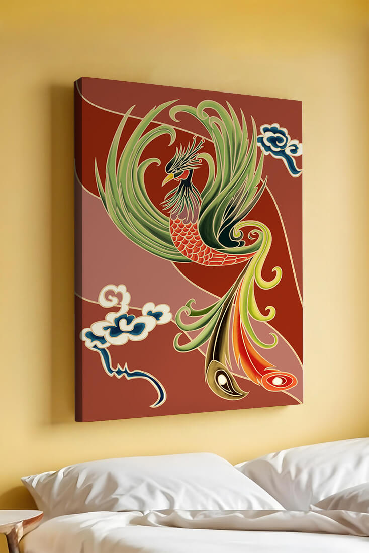 Stylized phoenix illustration with vibrant colors and clouds