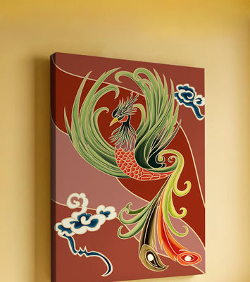 Stylized phoenix illustration with vibrant colors and clouds