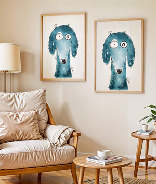 Illustration fantaisiste d’un chien bleu aux traits expressifs