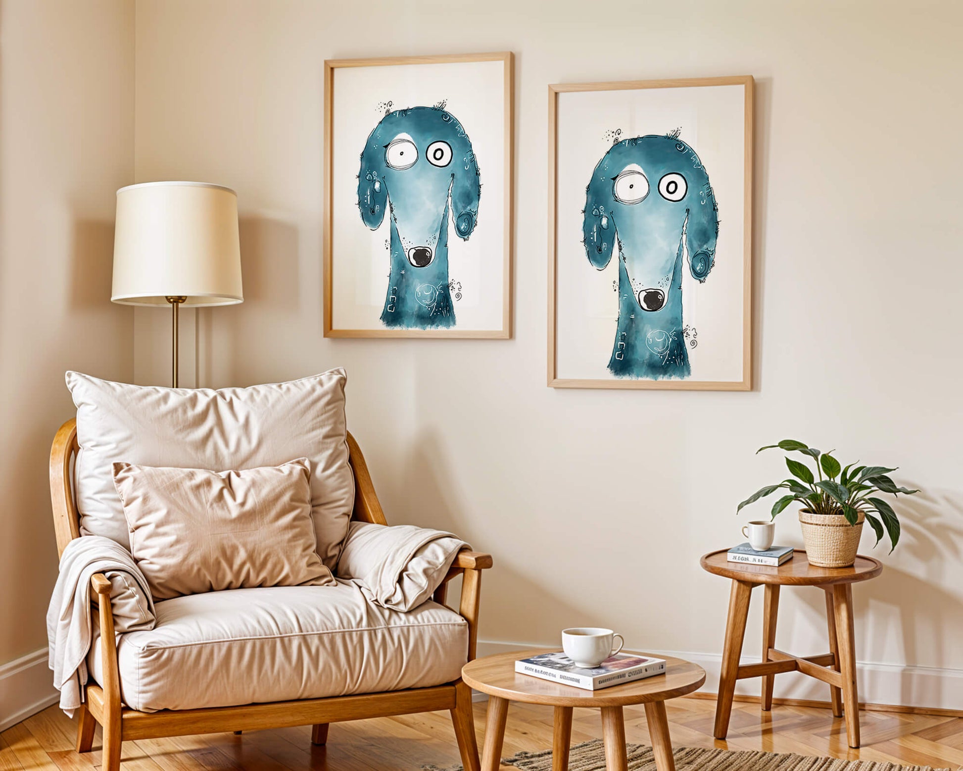 Whimsical blue dog illustration with expressive features