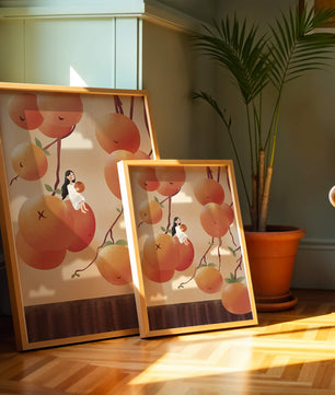 Whimsical illustration of girl with giant oranges and branches