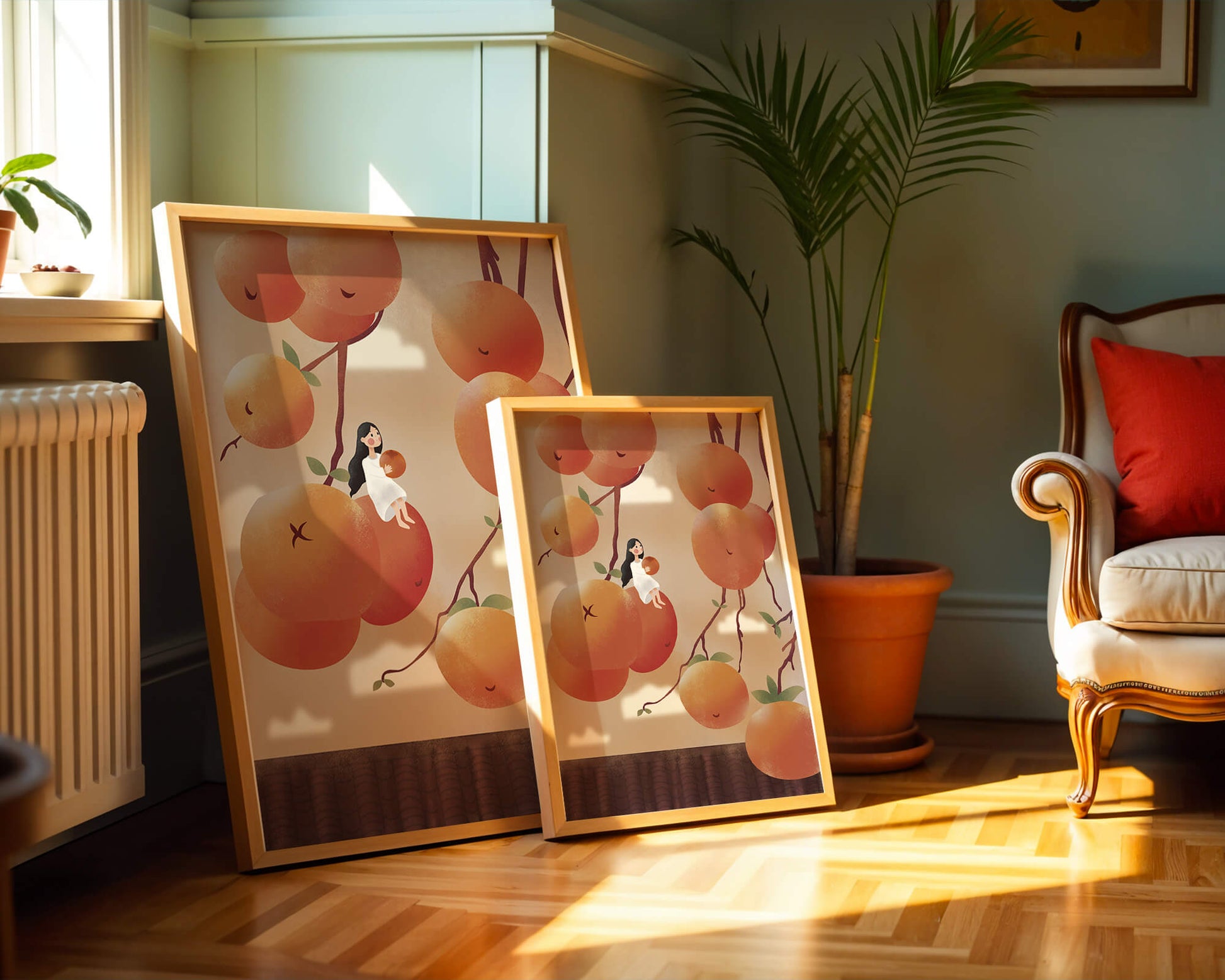 Whimsical illustration of girl with giant oranges and branches