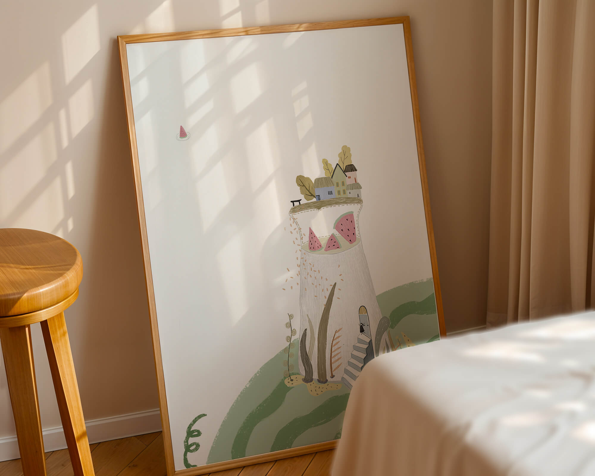 Whimsical Landscape with Fantasy Village and Watermelon Elements