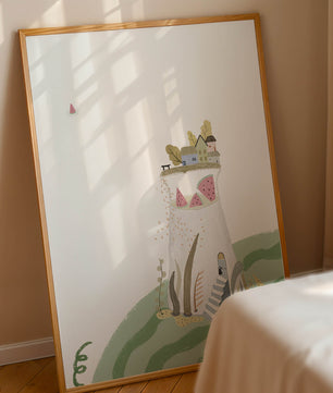 Whimsical Landscape with Fantasy Village and Watermelon Elements