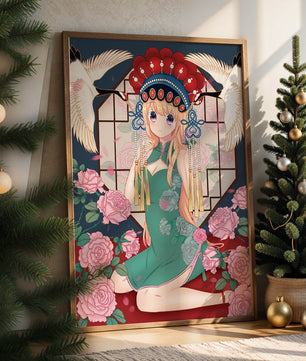 Chica anime elegante con atuendo tradicional y detalles florales y de grulla