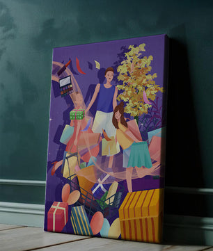 Illustration d'une expérience de shopping joyeuse en famille avec des cadeaux et des couleurs vives