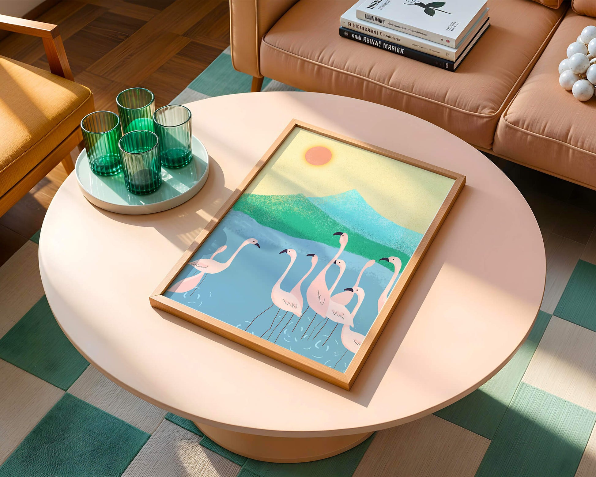 Friedliche Szene mit Flamingos in einer ruhigen Landschaft mit Bergen und Sonnenuntergang