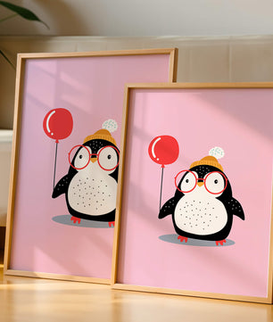 Ilustración adorable de un pingüino con globo y gafas