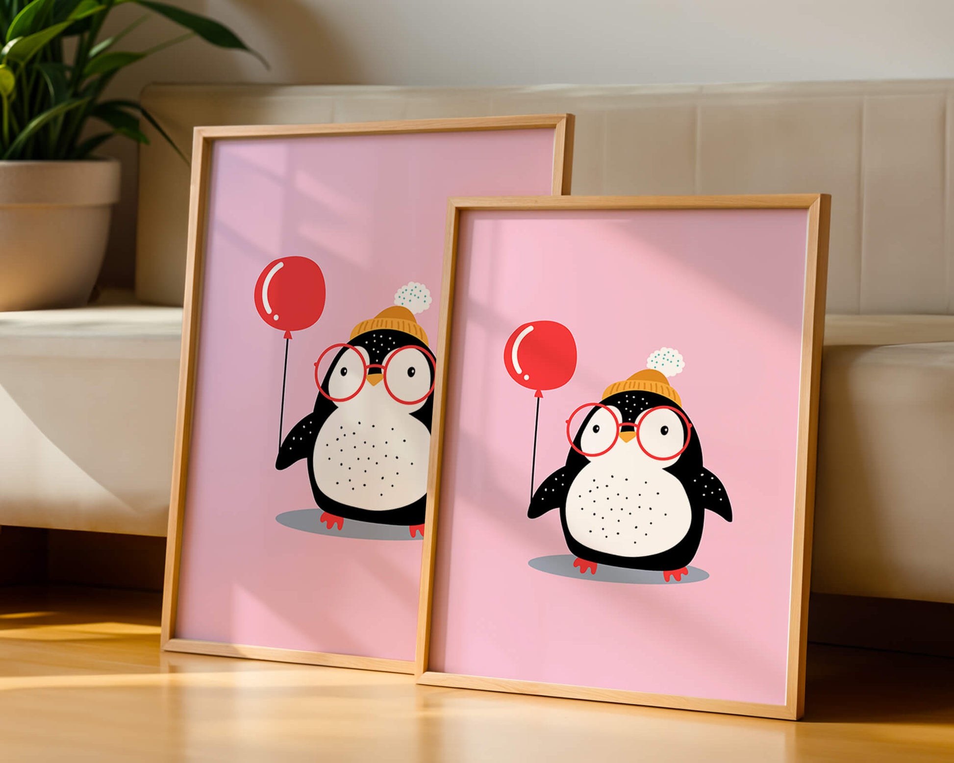 Adorable penguin with balloon and glasses illustration