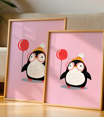 Adorable penguin with balloon and glasses illustration