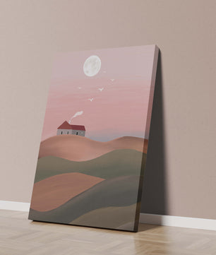 House On Pink Hill Under Full Moon
