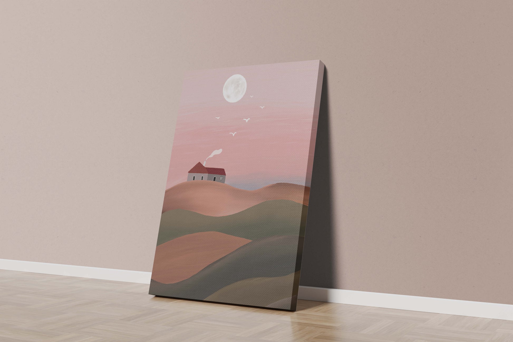 Casa en una colina rosa bajo la luna llena