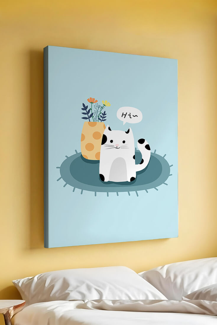 Cute illustration of a cat and flowers on a rug with a speech bubble