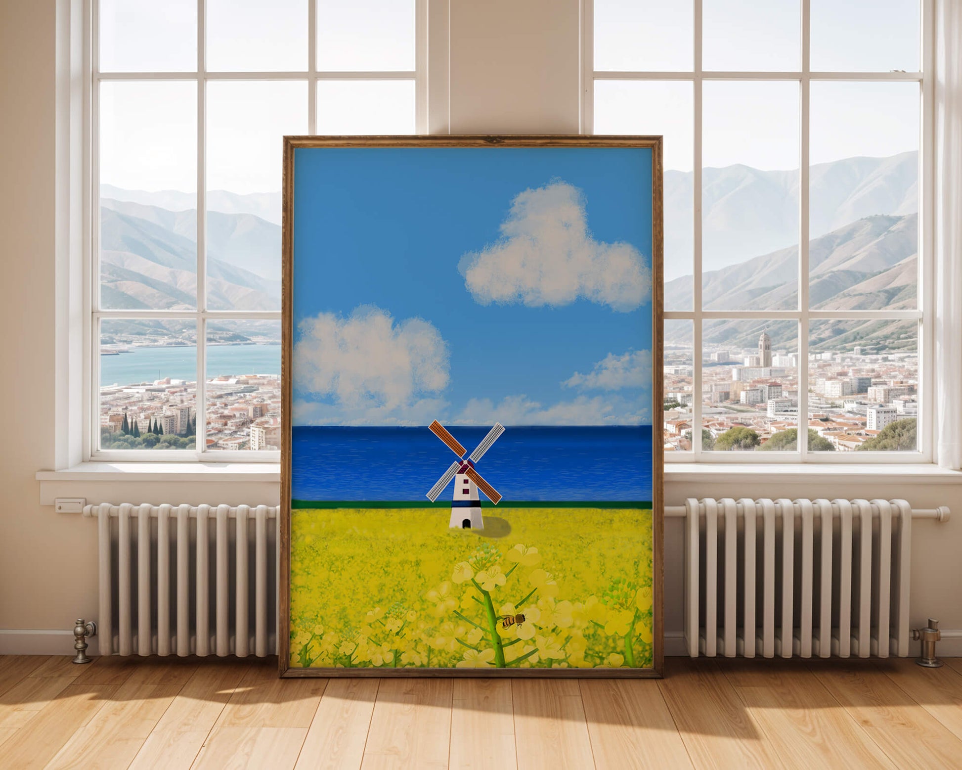 Scenic landscape with windmill in blooming field by the sea