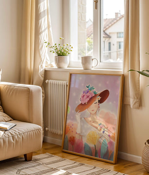 Mujer elegante con sombrero floral entre flores coloridas