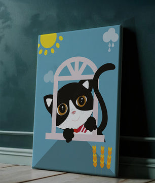 Charming black and white cat peeking through window under bright sun