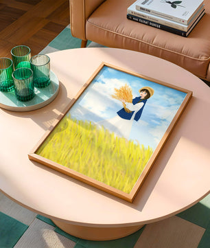 Young girl in a wheat field on a sunny day illustration
