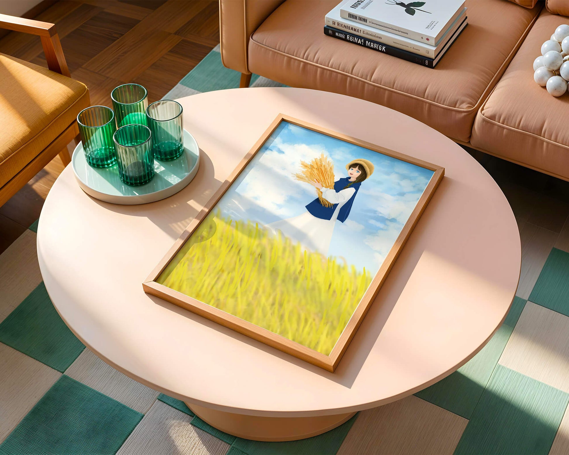 Young girl in a wheat field on a sunny day illustration