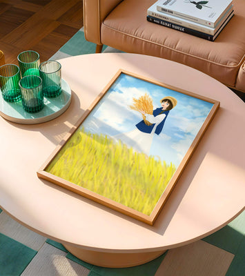 Young girl in a wheat field on a sunny day illustration