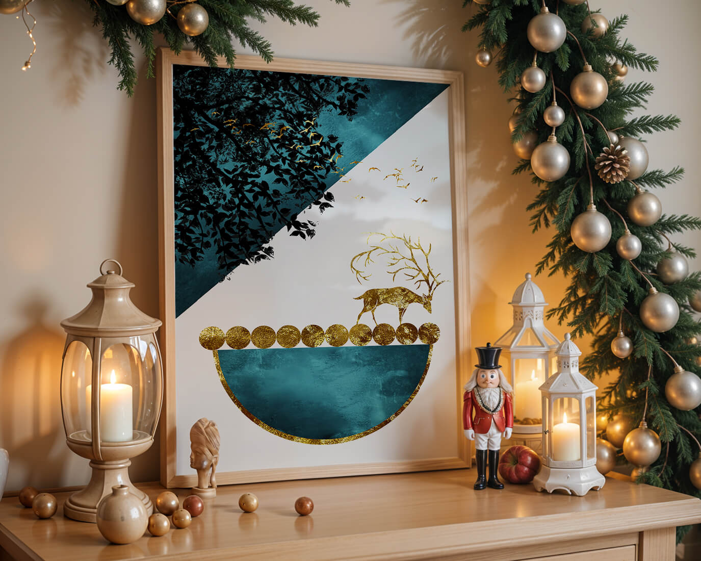 Abstract Deer with Golden Elements in a Mystical Forest Setting