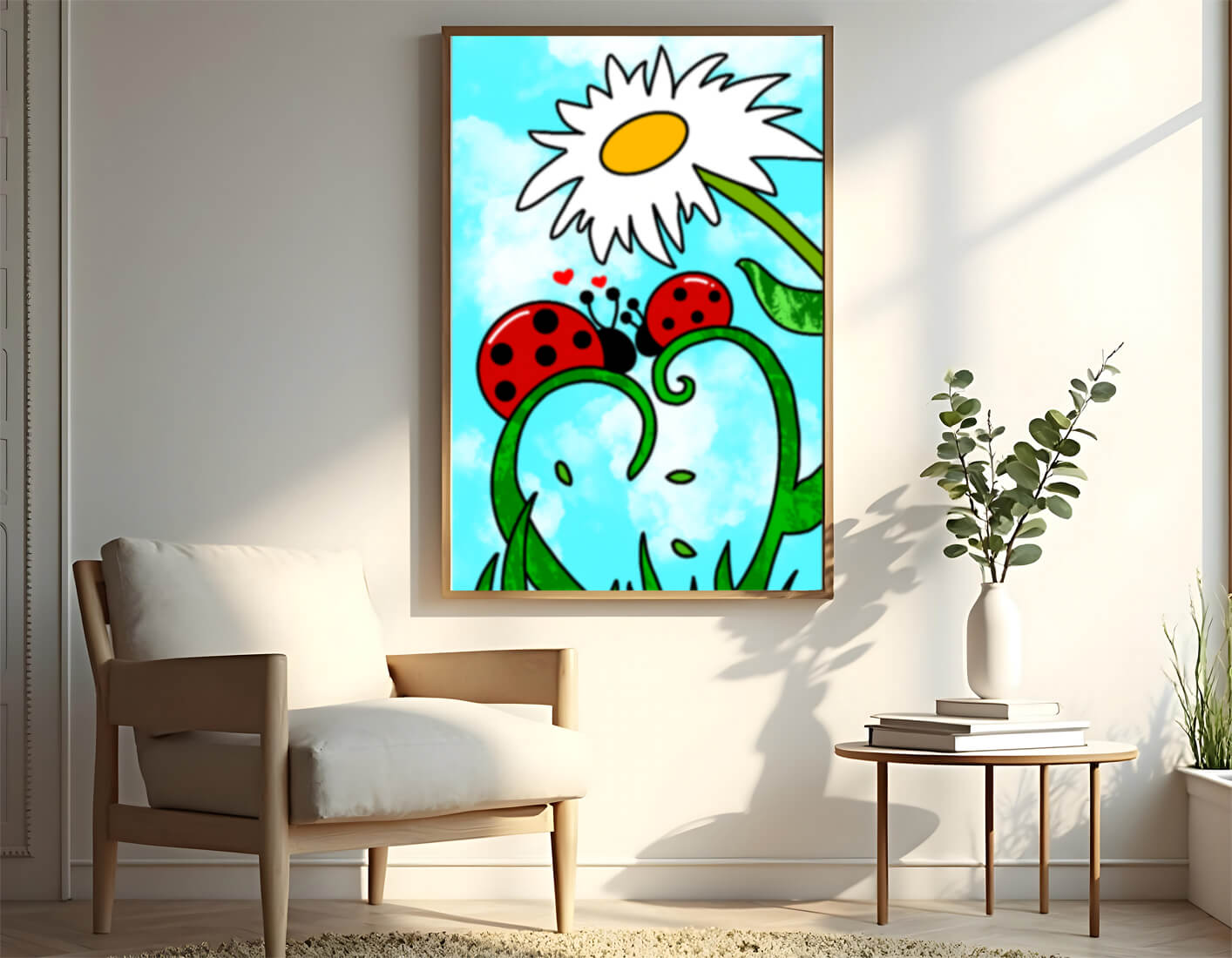 Ladybugs in love beneath a daisy on a bright sky