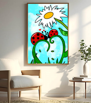 Ladybugs in love beneath a daisy on a bright sky