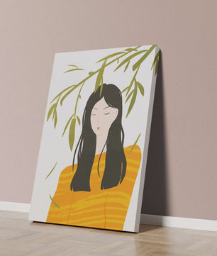 Illustration d'une femme en pull orange avec un fond de feuillage