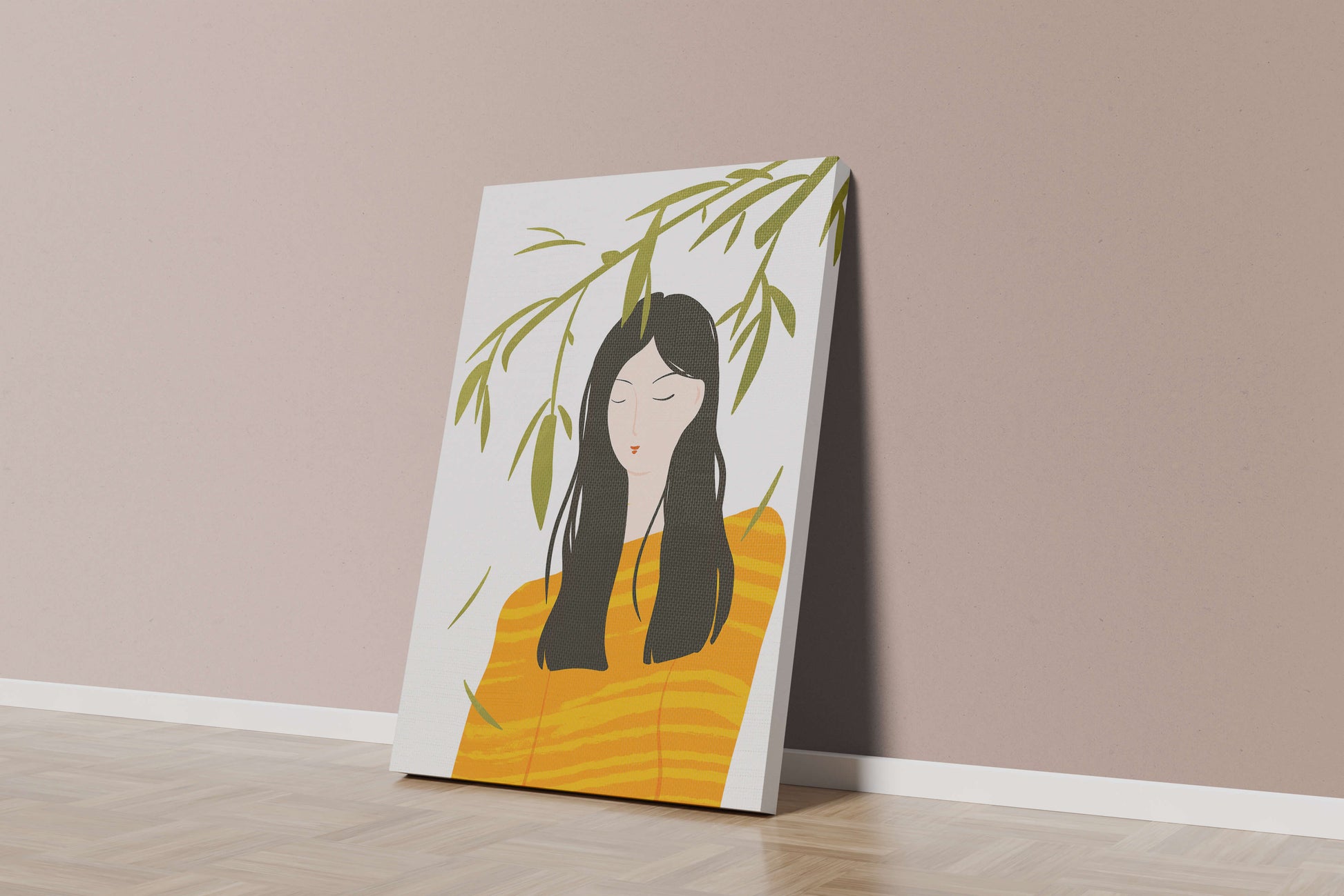 Woman in orange sweater with foliage backdrop illustration
