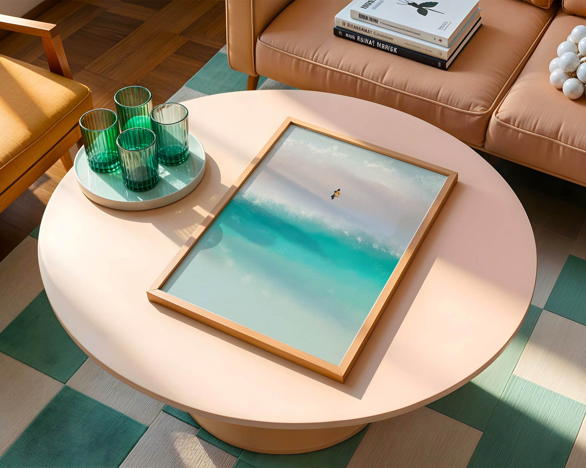 Serene beach with turquoise waves and solitary figure