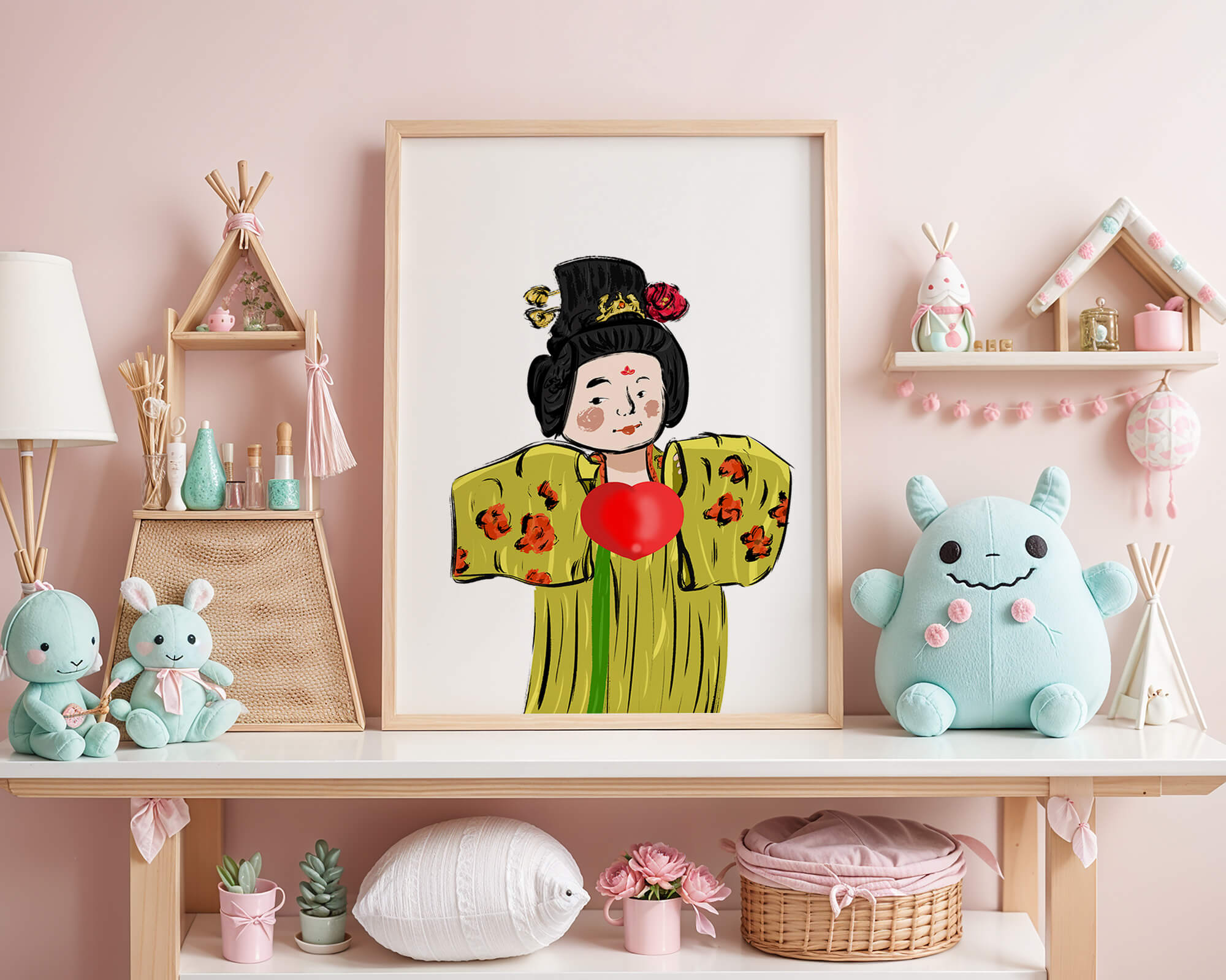 Illustration of a traditional figure in vibrant attire with a heart symbol