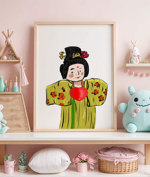 Ilustración de una figura tradicional con atuendo vibrante y un símbolo de corazón