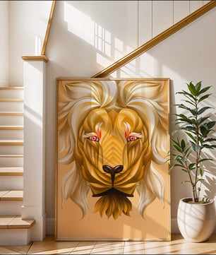 Lion Face with Intricate Golden Pattern and Flowing Mane