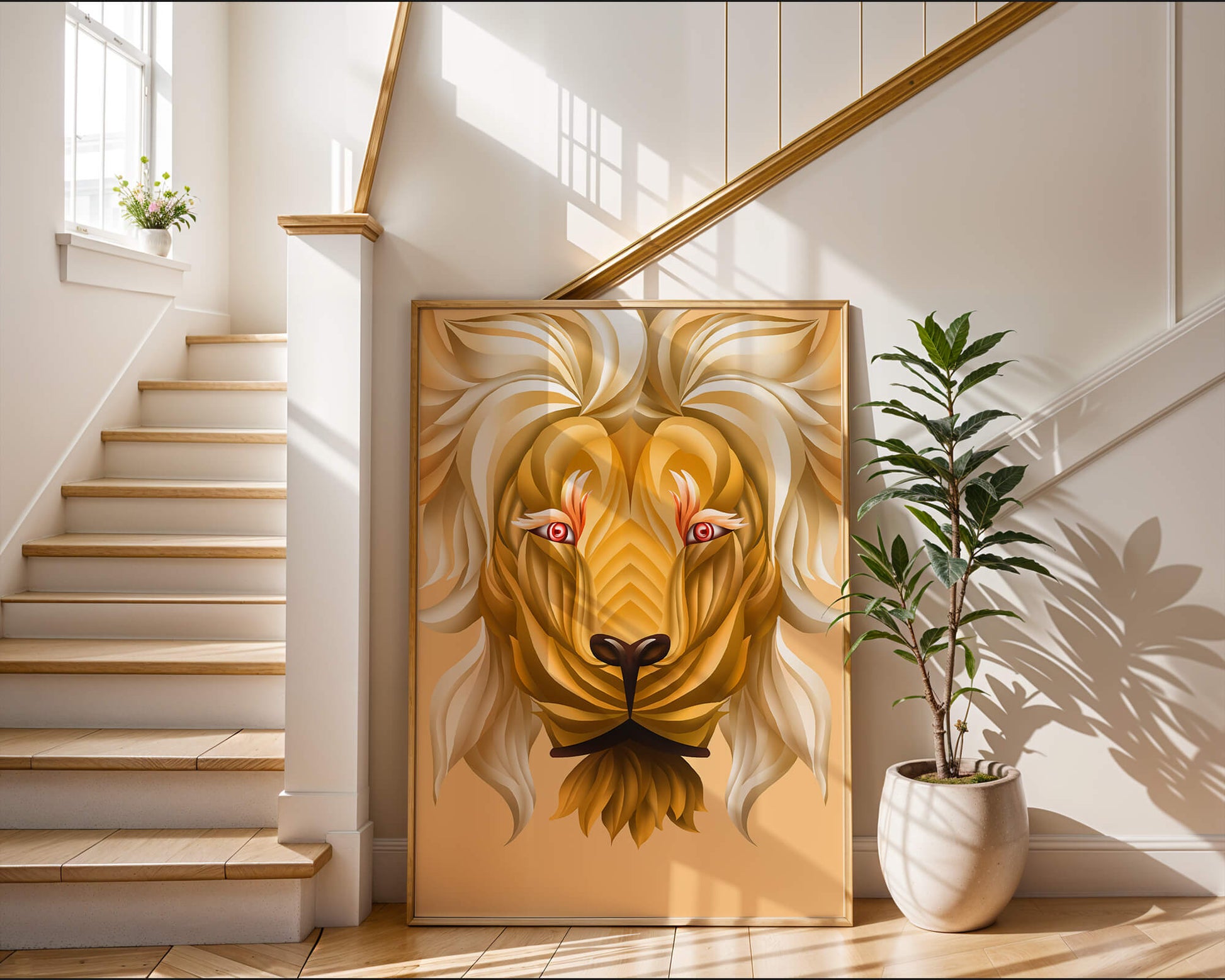 Lion Face with Intricate Golden Pattern and Flowing Mane