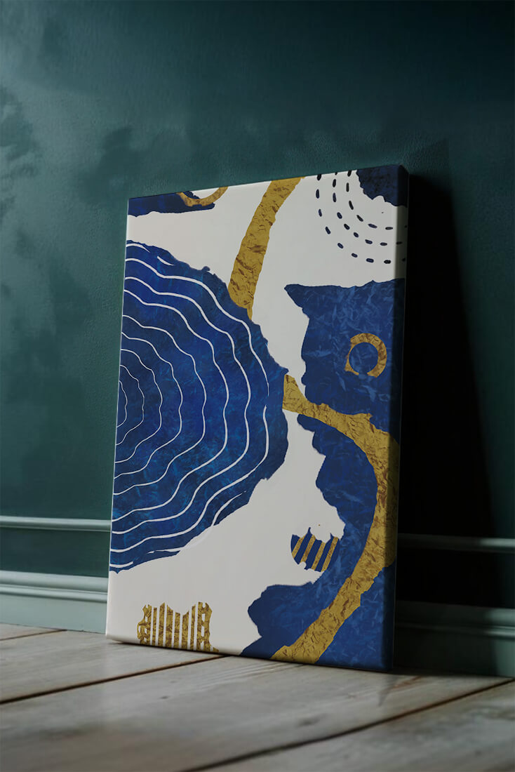 Diseño abstracto ondulado azul y dorado con patrones geométricos