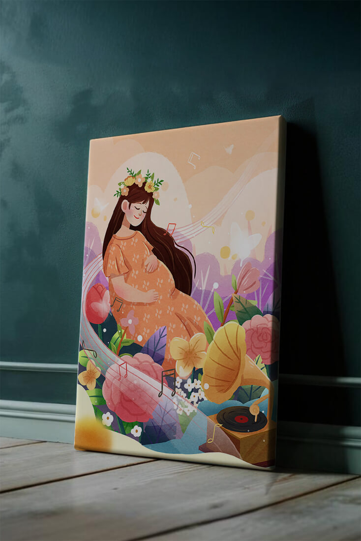 Woman in nature with flowers and musical notes