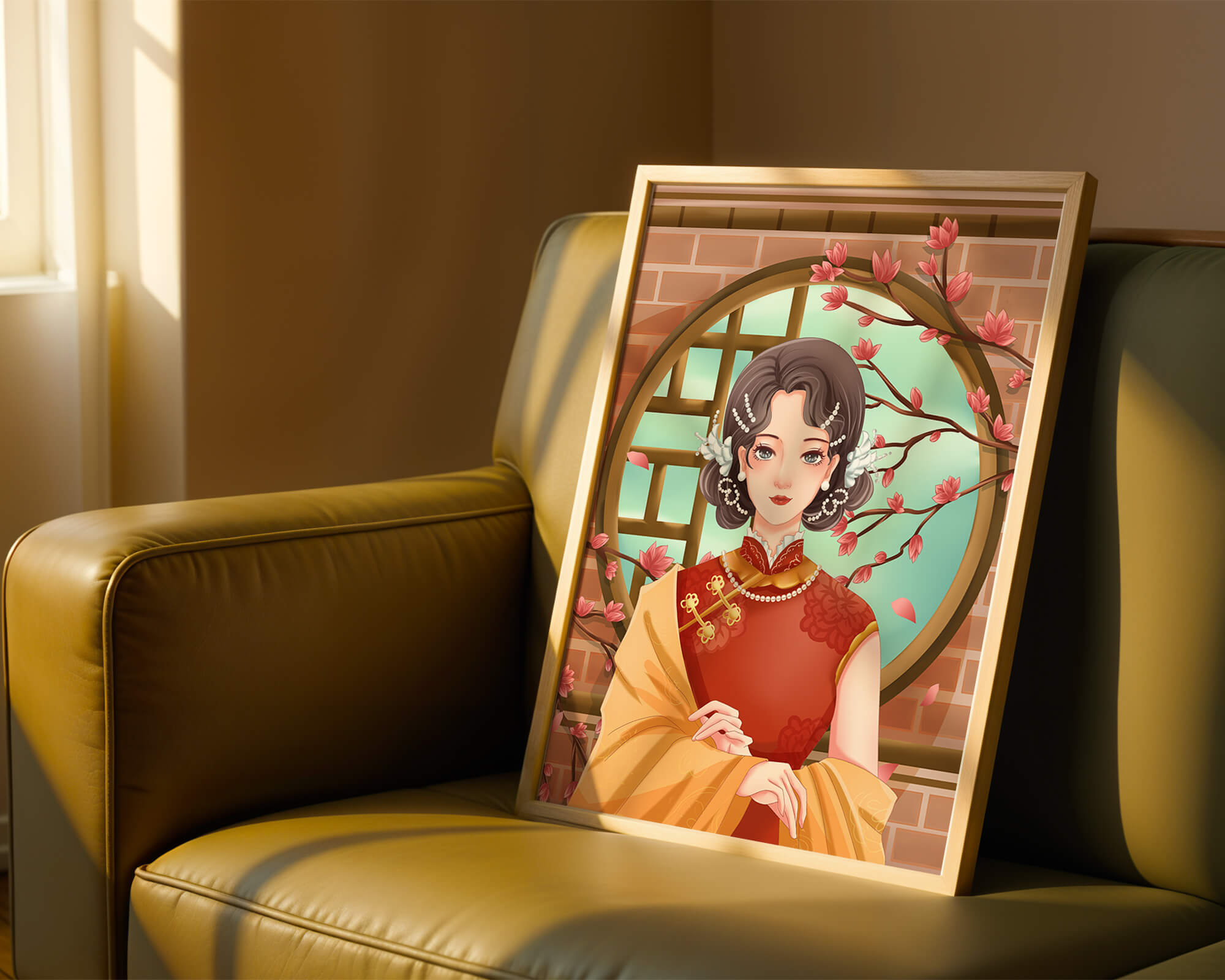 Elegant woman in traditional dress with floral background
