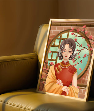 Elegant woman in traditional dress with floral background