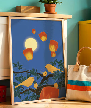 Lanterns and Birds Under the Night Sky