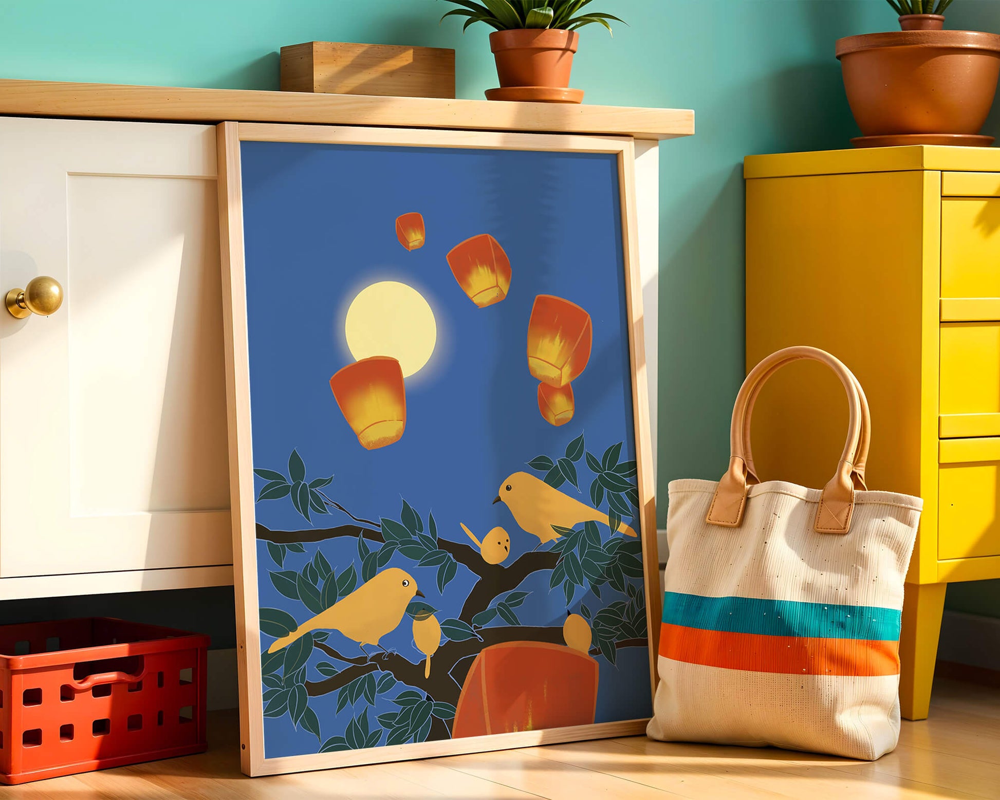 Lanterns and Birds Under the Night Sky