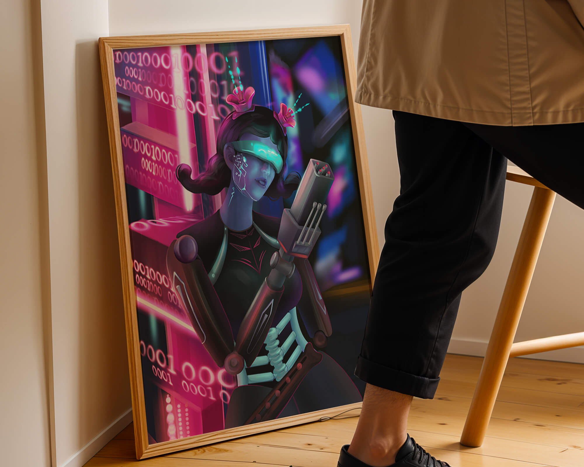 Futuristic Cyborg Woman in Digital Neon Landscape - Mi tienda