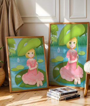 Whimsical Illustration of a Young Girl in a Pink Dress Sitting on a Lily Pad