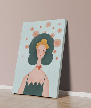 Whimsical Portrait of a Woman with Green Hair and Abstract Circles - Mi tienda