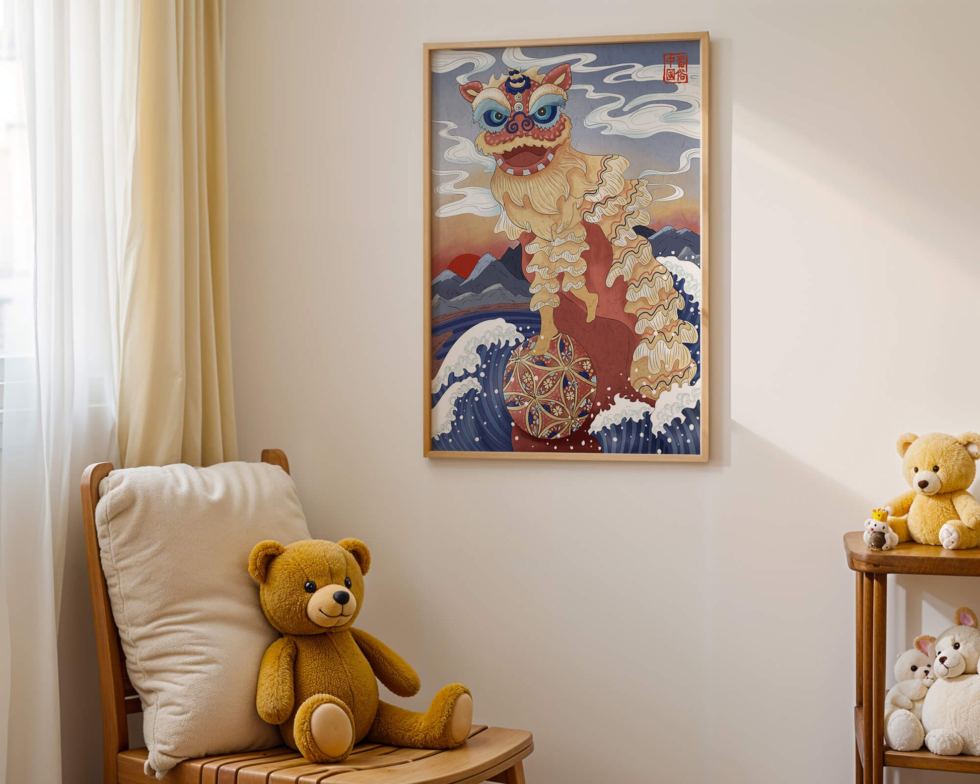 Traditionelle chinesische Löwentanzkunst mit malerischem Hintergrund