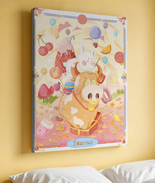 A whimsical Taurus zodiac illustration with playful animals and sweet treats